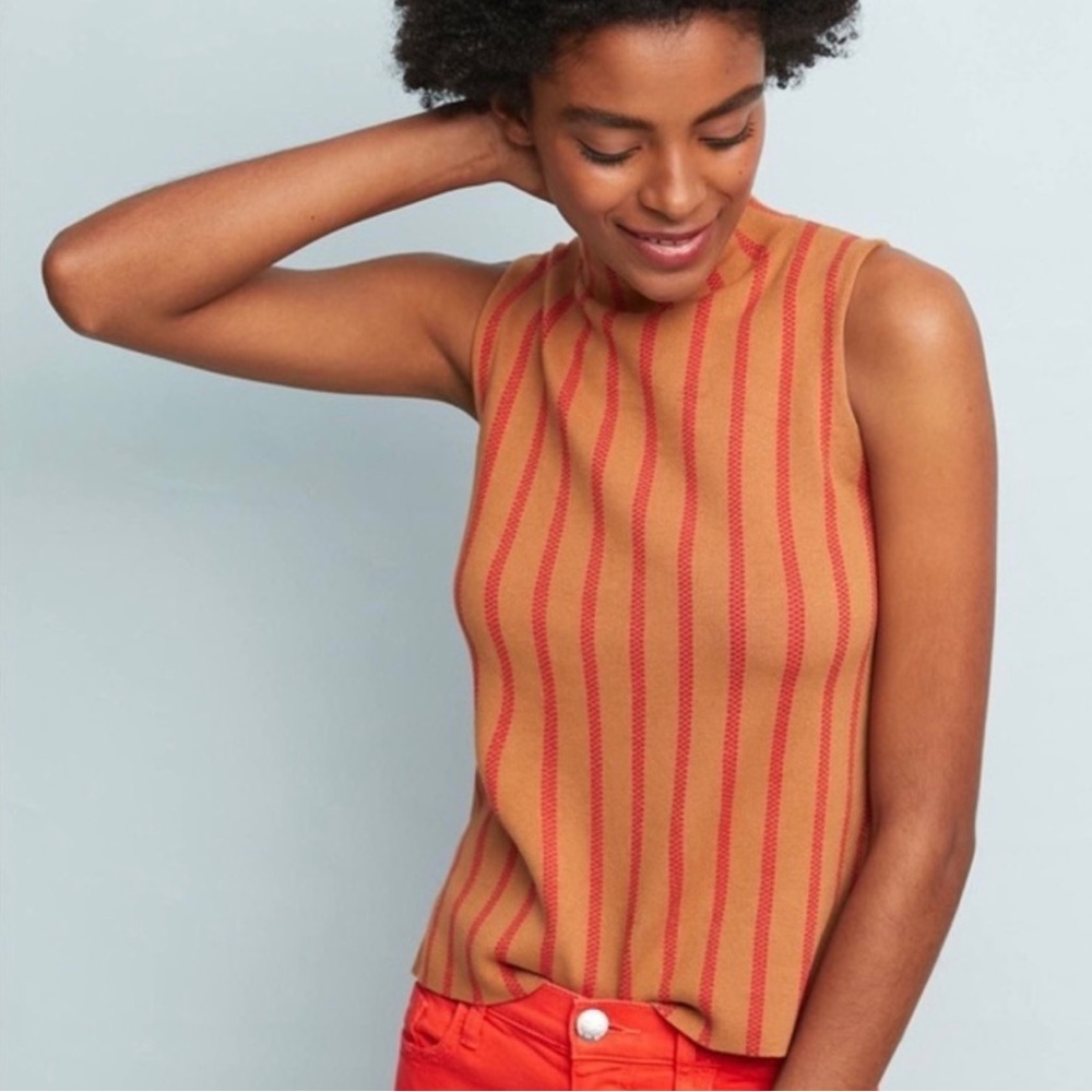 NWT *MOTH* by Anthropologie Mock Neck Top … Camel•Reddish Orange Stripes…Size: S
